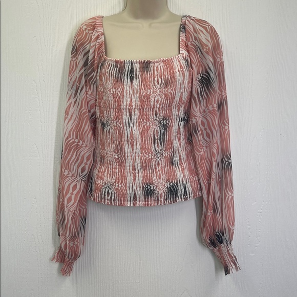 Anthropologie - Rouen Coral Watercolor Abstract Smocked Square Neck Blouse Med - Picture 2 of 11